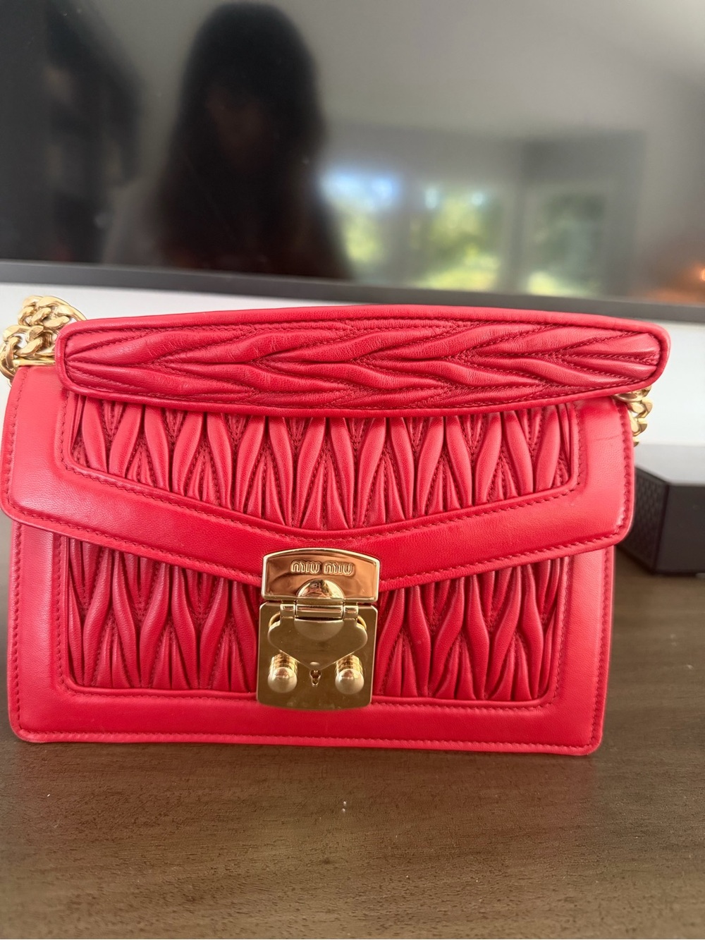 Miu Miu Quilted Red Leather Shoulder Bag with Gold Hardware
